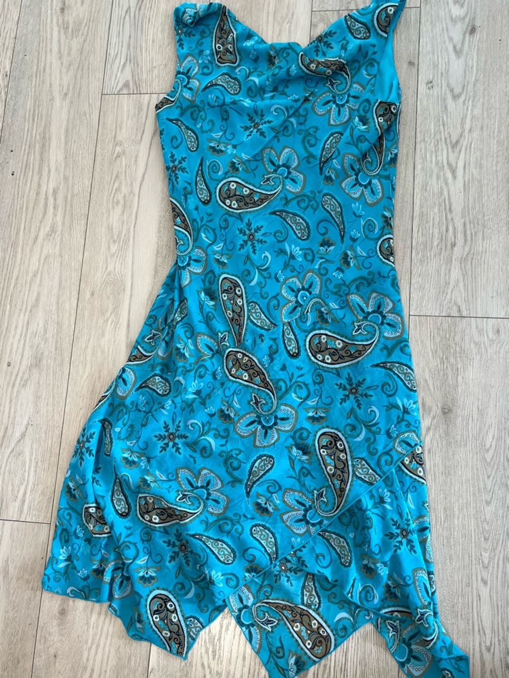 Jessica Sleeveless Turquoise Paisley Slip Dress | Handkerchief Hem